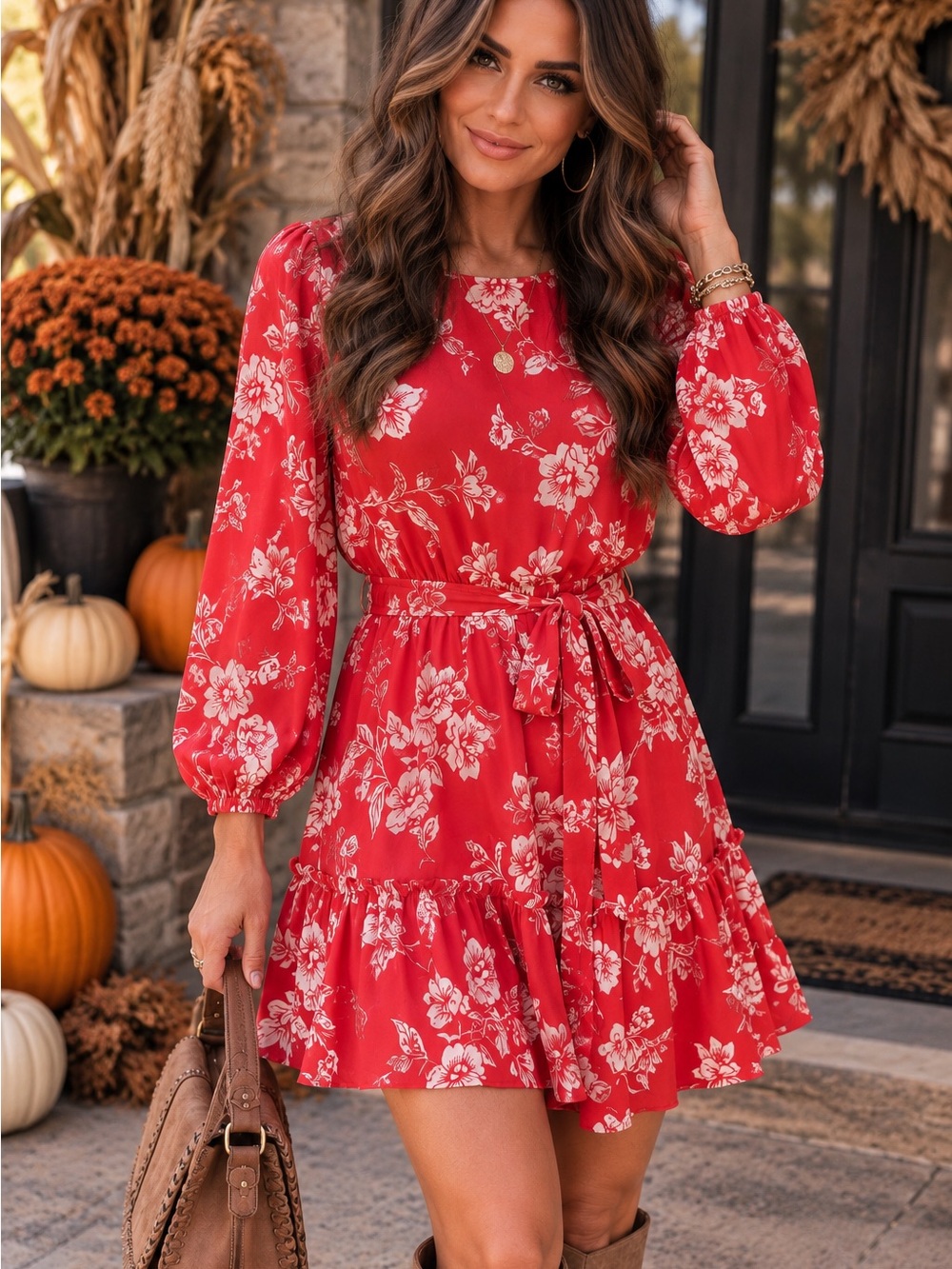Flying Tomato Crimson Floral Long Sleeve Tie-Waist Dress